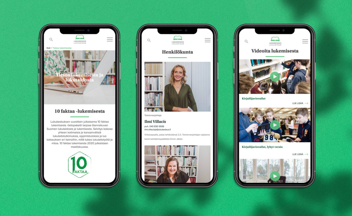 Lukukeskuksen verkkosivujen mobiilinäkymiä
