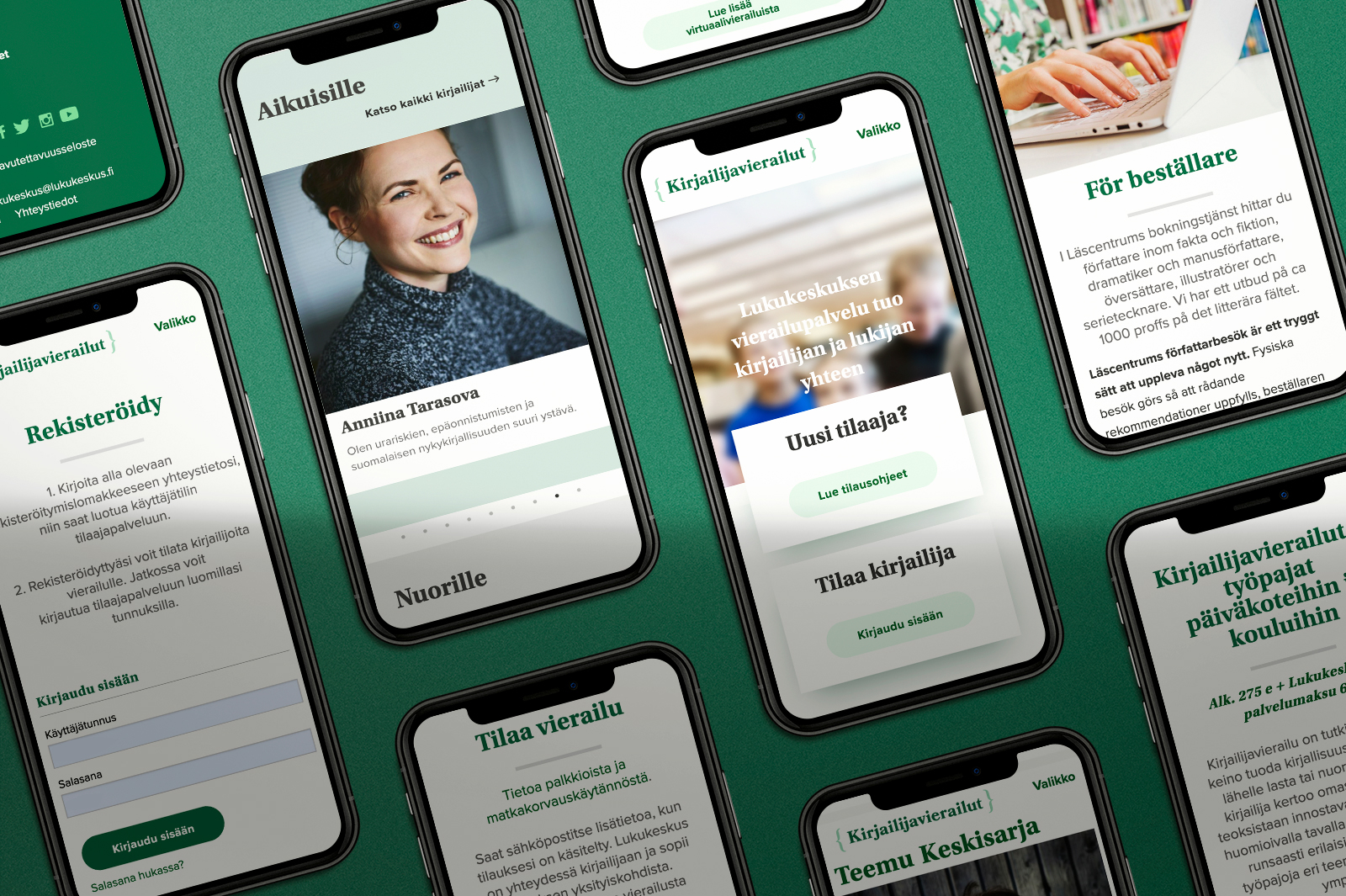 Kirjailijavierailut tilaajapalvelun mobiilinäkymiä 