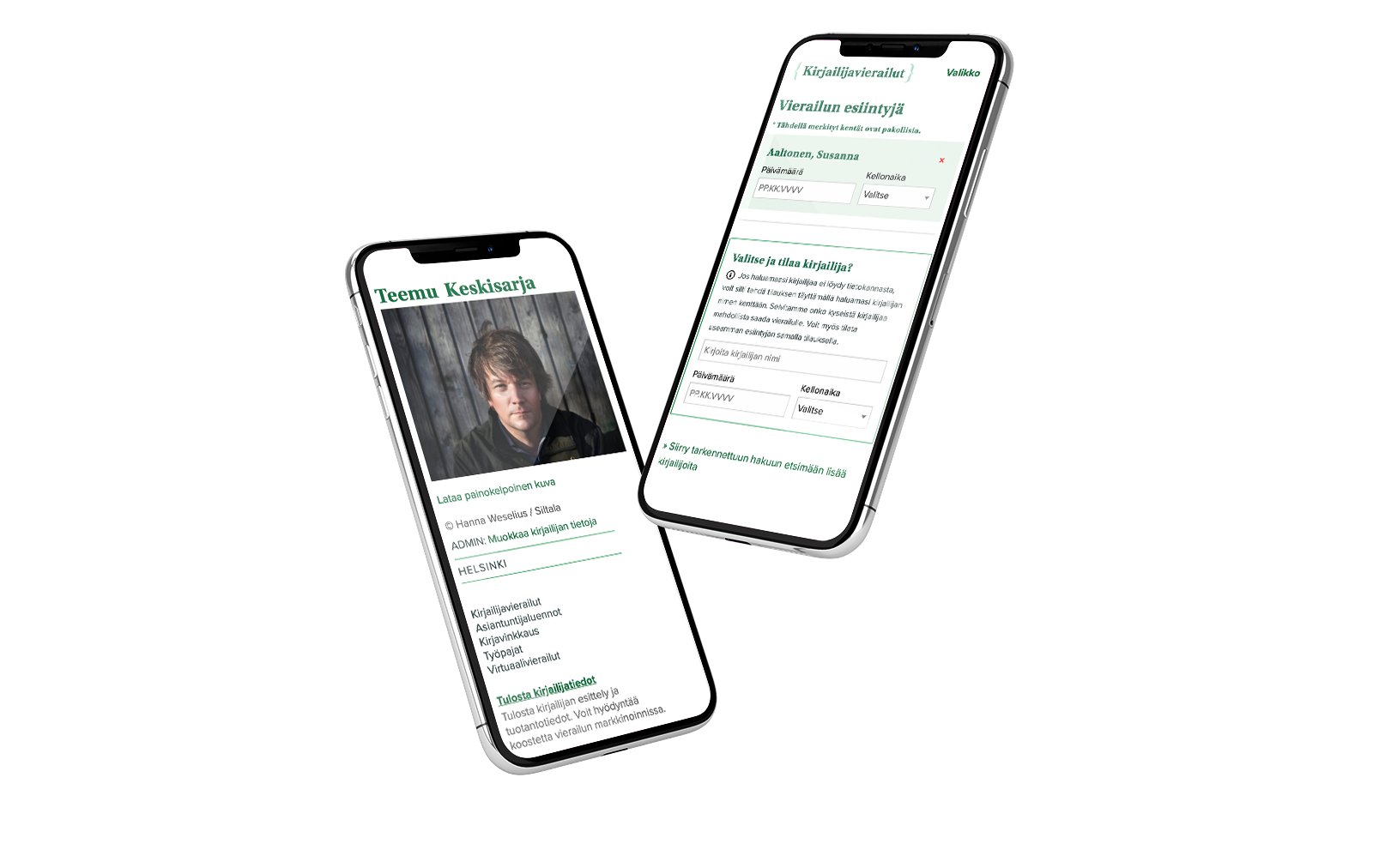 Kirjailijavierailut tilaajapalvelun mobiilinäkymiä