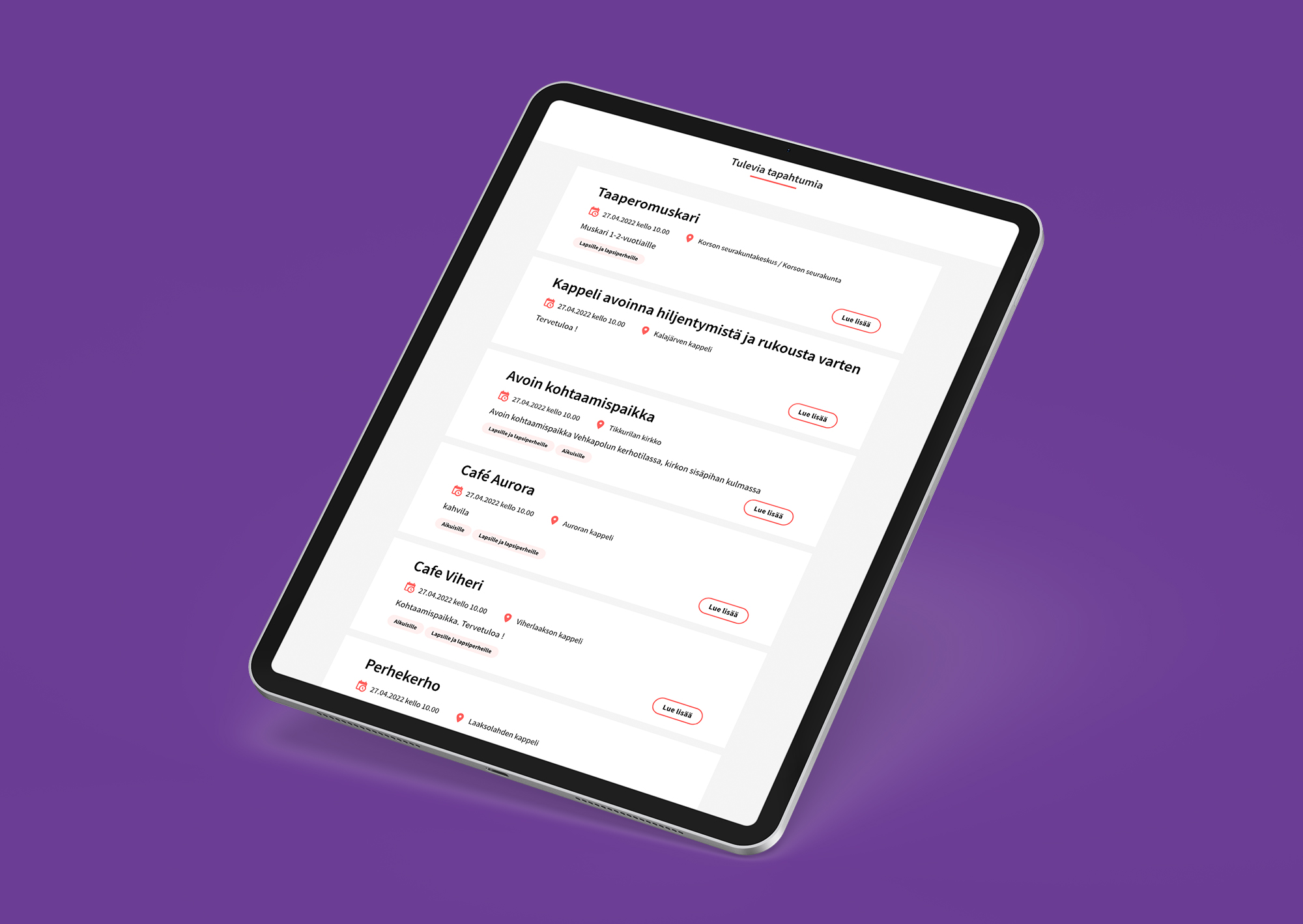 Menohaku tapahtumalistauksen näkymä Ipad-laitteessa
