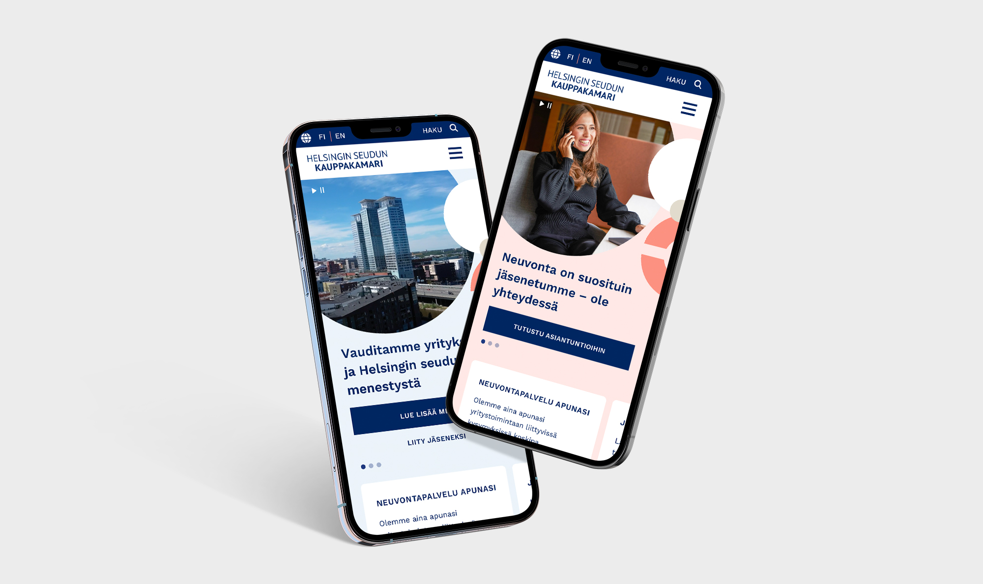Helsingin seudun kauppakamari mobiilinäkymiä etusivusta